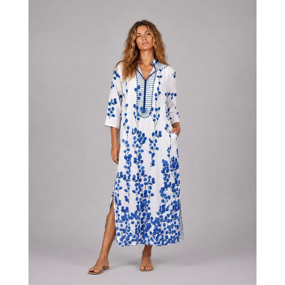 NWOT Ro’s Garden Blue Floral Embroidered Cotton Caftan Dress XS (140)